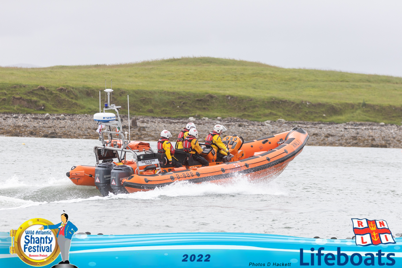 A large rubber lifeboat with crew onboard as in the water with green field in the background.