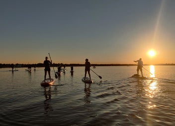 People standing on the boards paddling out to sea