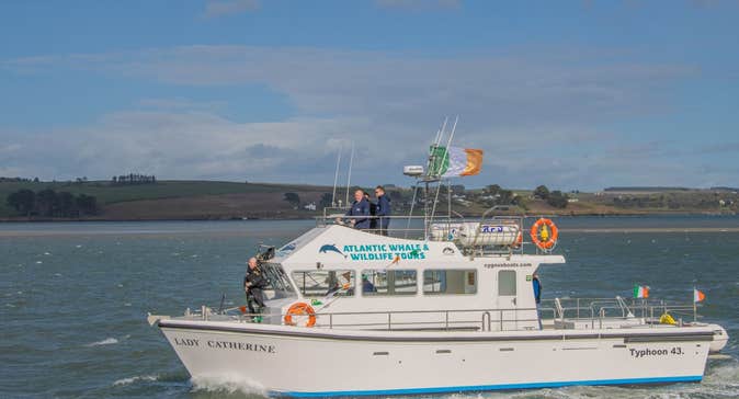 Three people on a white boat in Kinsale Harbour with the Irish flag flying