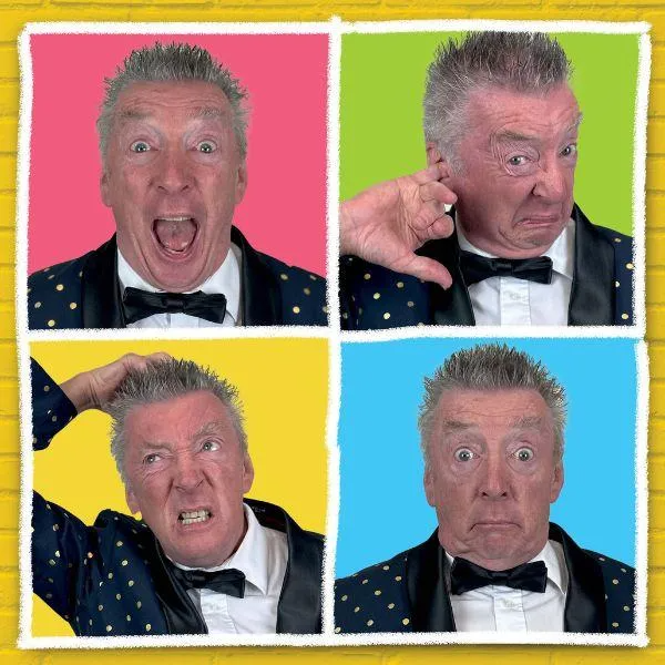4 different photos of same man in black jacket and bow tie with white shirt, making a different face in each one with different coloured background in primary colours.