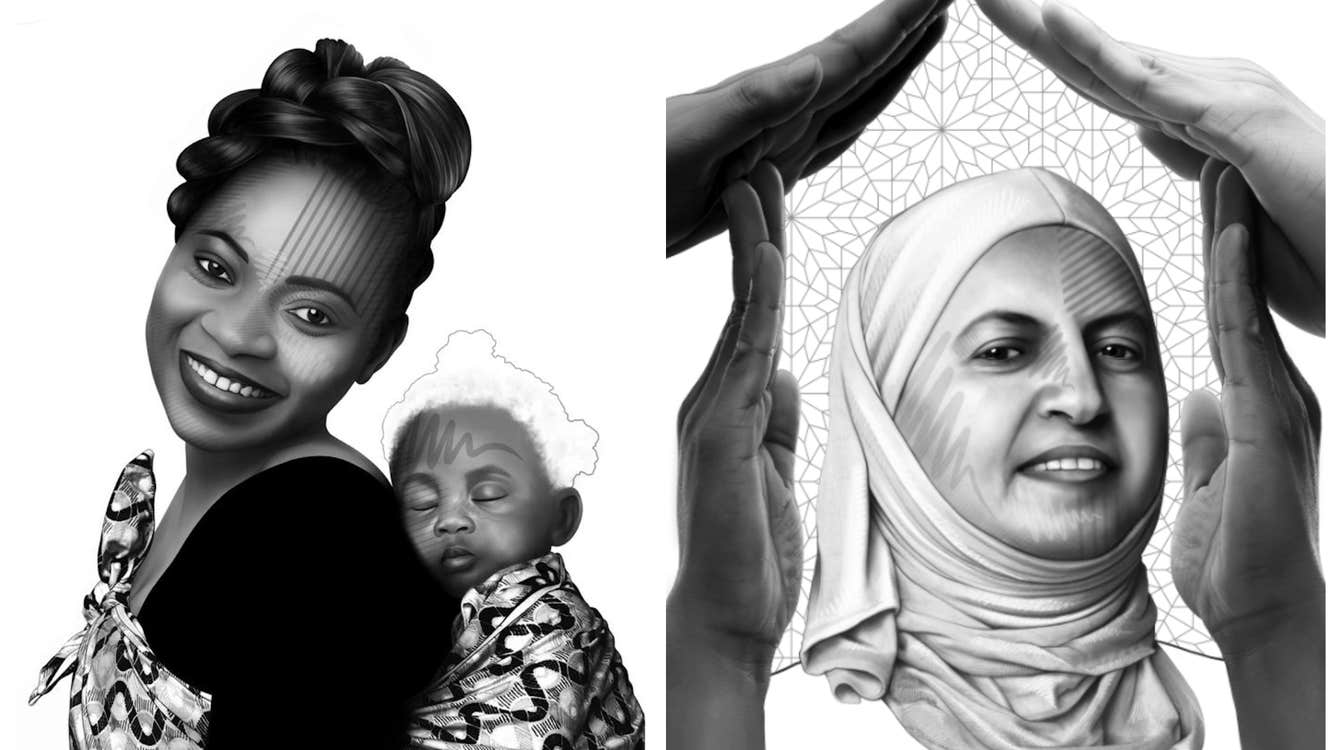 A Story from Home exhibition, 2 black and white images of different smiling women, one with a sleeping baby on her back in a sling.