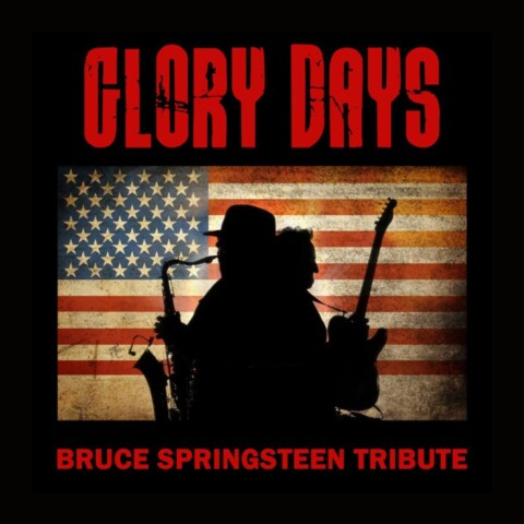 A vintage style stars and stripes flag with black silhouette of back to back people, one playing a saxophone, the other holding up a guitar with red event text.