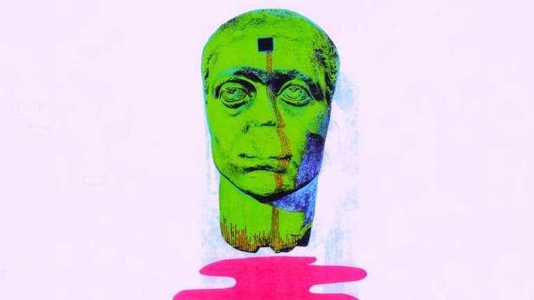 4 men seated on black stools casting shadows on white background.