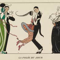 The day’s madness, La Folie du Jour George Barbier, Journal des Dames et des Modes, had drawn image of 2 couple dancing with older woman in big, dark dress looking on through hand held glasses