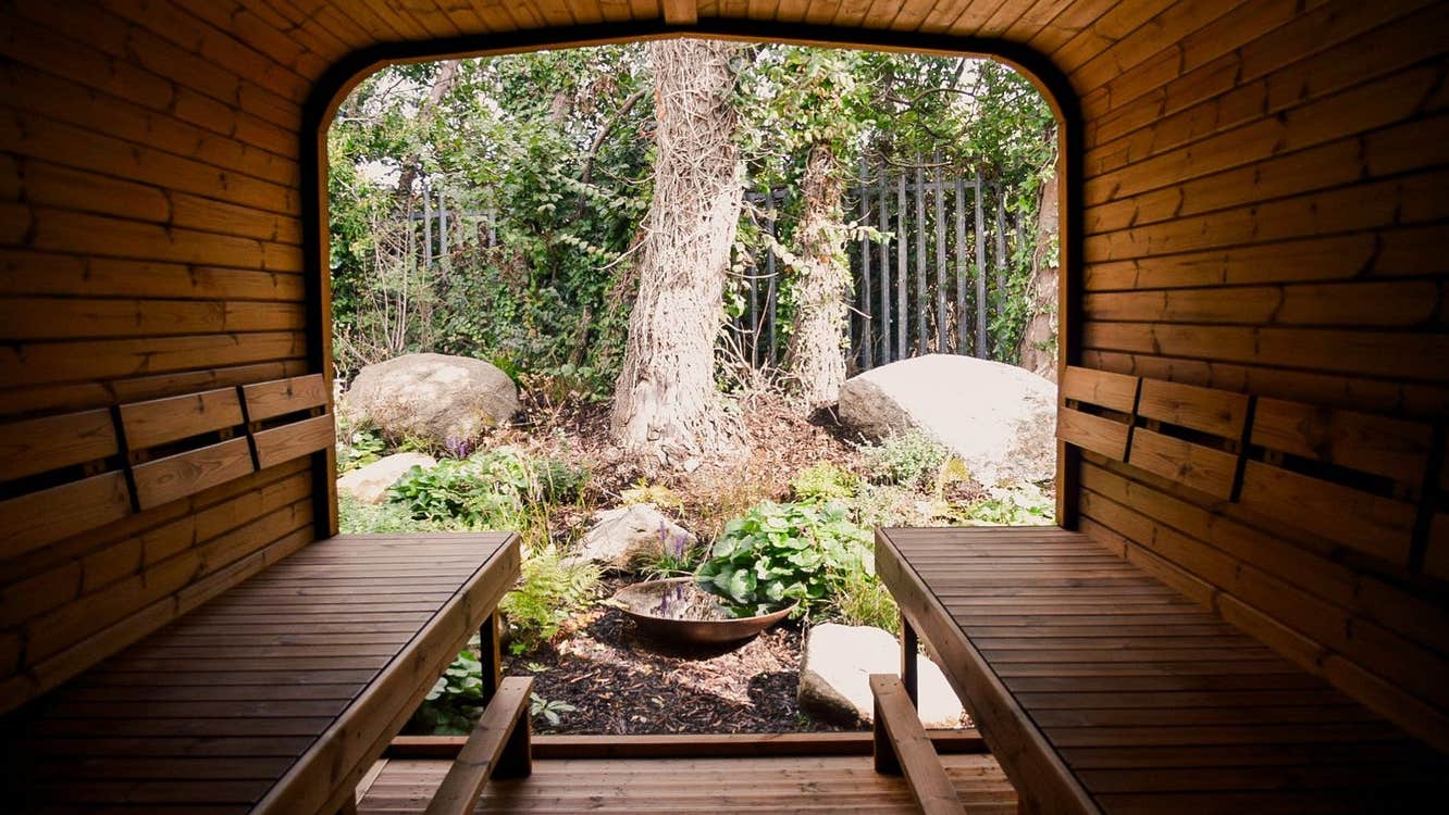 The interior of a wooden sauna cabin