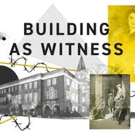 Group of different images including black and white photo of brick building, 2 old photos and 2 block shapes and barbed wire all against plain white background.