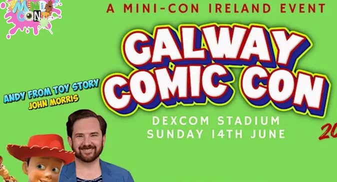 Bright green poster including smiling man and Jessie from Toy Story