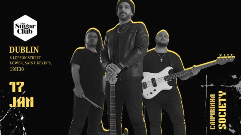 Caipirinha Society, 3 men dressed in black, posing with guitars or drum sticks.