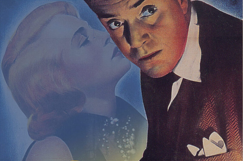 Drawn image of a close up of a man's face and shoulders with him looking over to his right with a faint image of a blonde woman kissing him on the other cheek.
