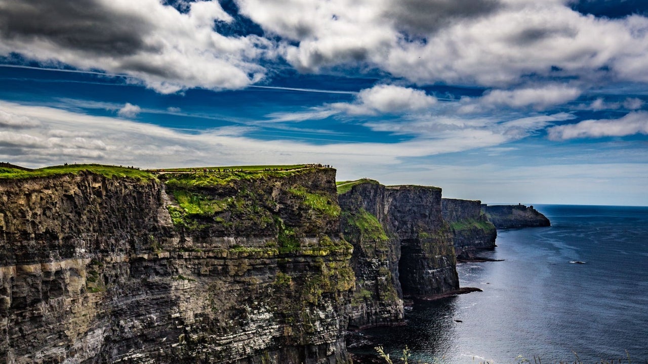 A view of high cliffs overlooking the sea