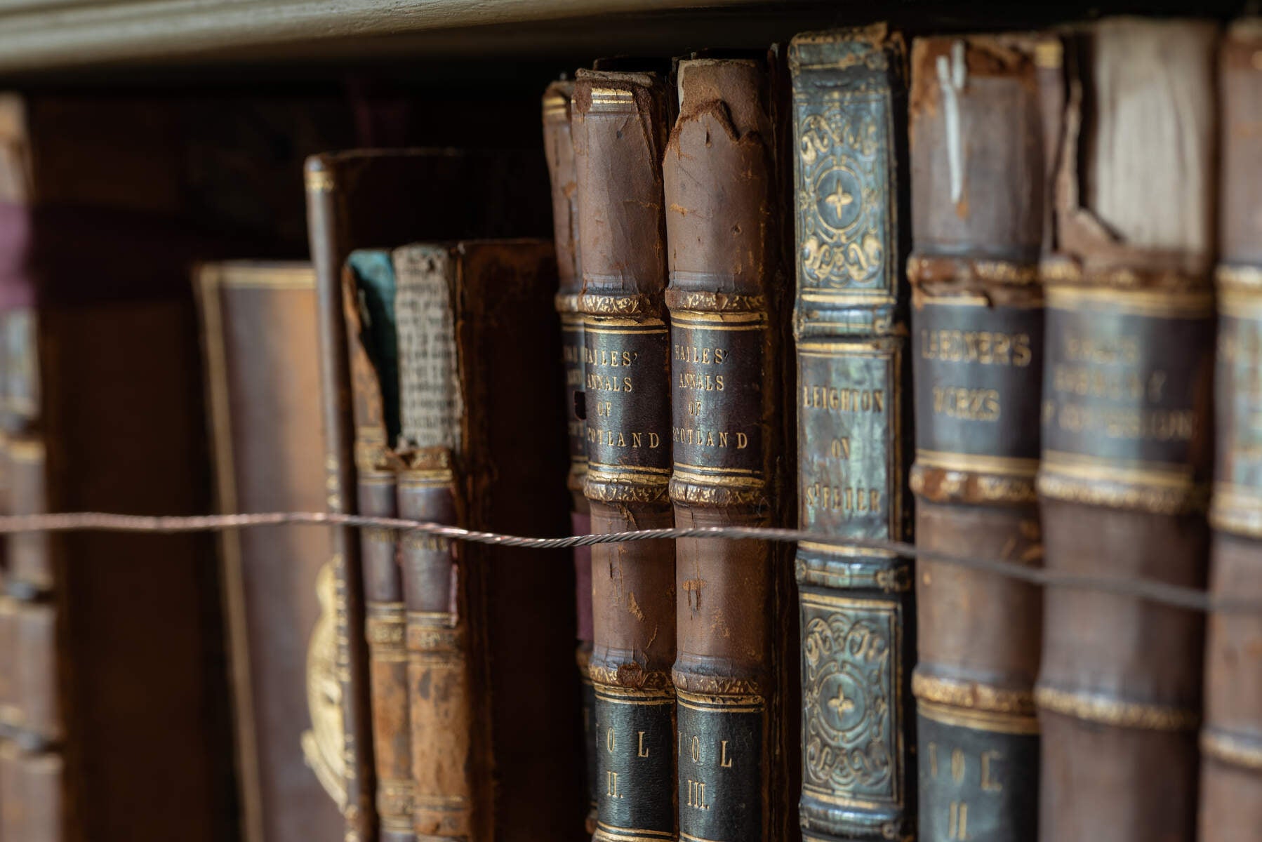 A close up shot of the old books lining the walls in Newbridge House and Farm in Donabate.