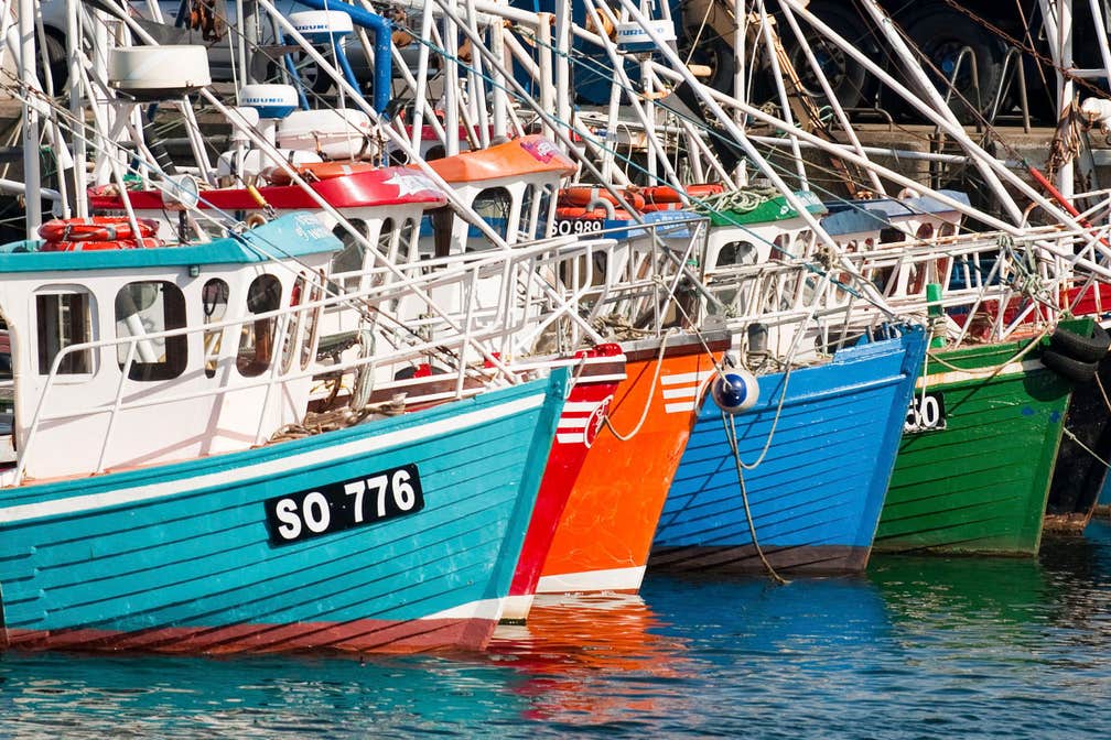 Image of colourful boats in the harbour in Greencastle in County Donegal