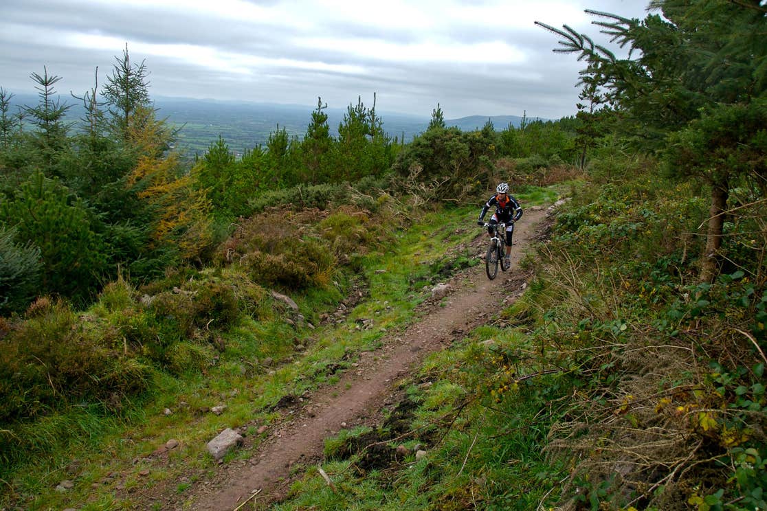 A man wearing a helmet and cycling gear navigating one of the Ballyhoura Mountain Bike Trails