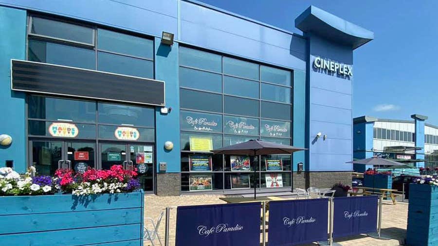 Exterior view of the Cineplex which is blue in colour