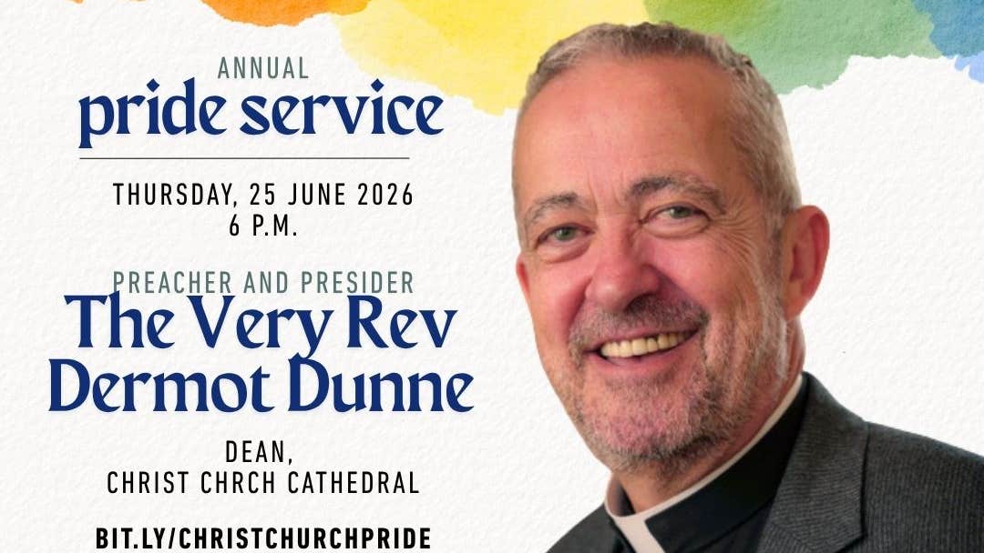 Dean Dermot Dunne's portrait overlays information about the annual Pride Service at Christ Church Cathedral