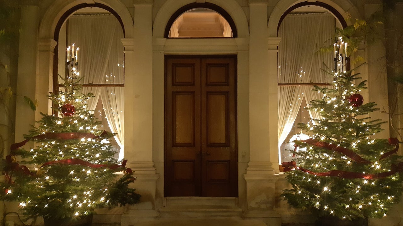 A grand, large front door with lit christmas trees either side at night.