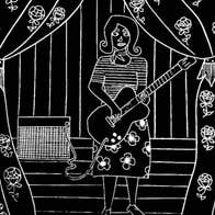 Black and white basic etch of female playing a guitar on a stage with curtains