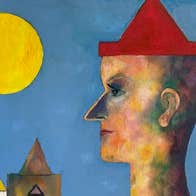 A contemplative clown stands in profile, dressed in a red hat and matching gown.