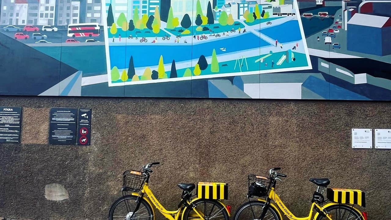 Two eBee ebikes parked under a colourful Cork City street art mural