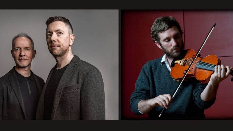 Photo of Iarla Ó Lionáird, C. McCarthy & C. Ó Raghallaigh - 2 men in dark outfits standing beside each other and photo of man playing a fiddle.