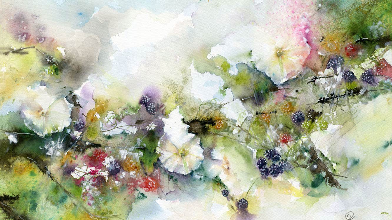 Painting of blackberries and flowers in a hedgerow