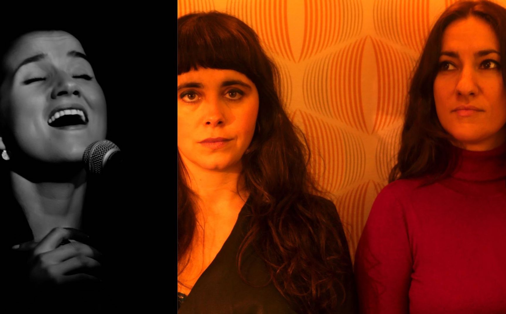 On the left a black and white photo of person singing with eyes closed, on the right, orange tinted photo of 2 women looking serious.