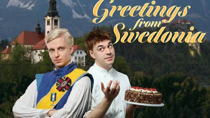 The Fit Prince - a young prince wearing a sash and medals with folded arms, behind is a chef holding a chocolate cake.