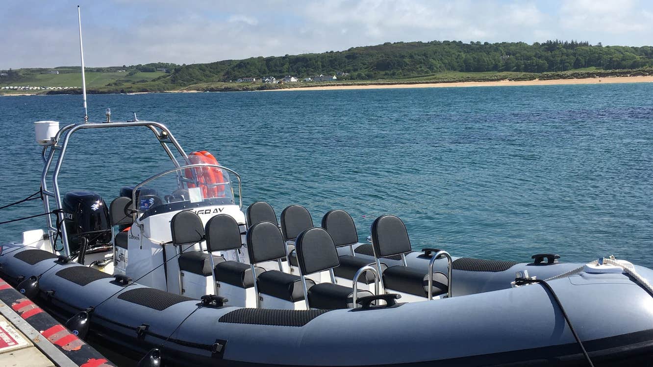 Eight seater rib on water moored at wooden pier with a beach and fields in the background