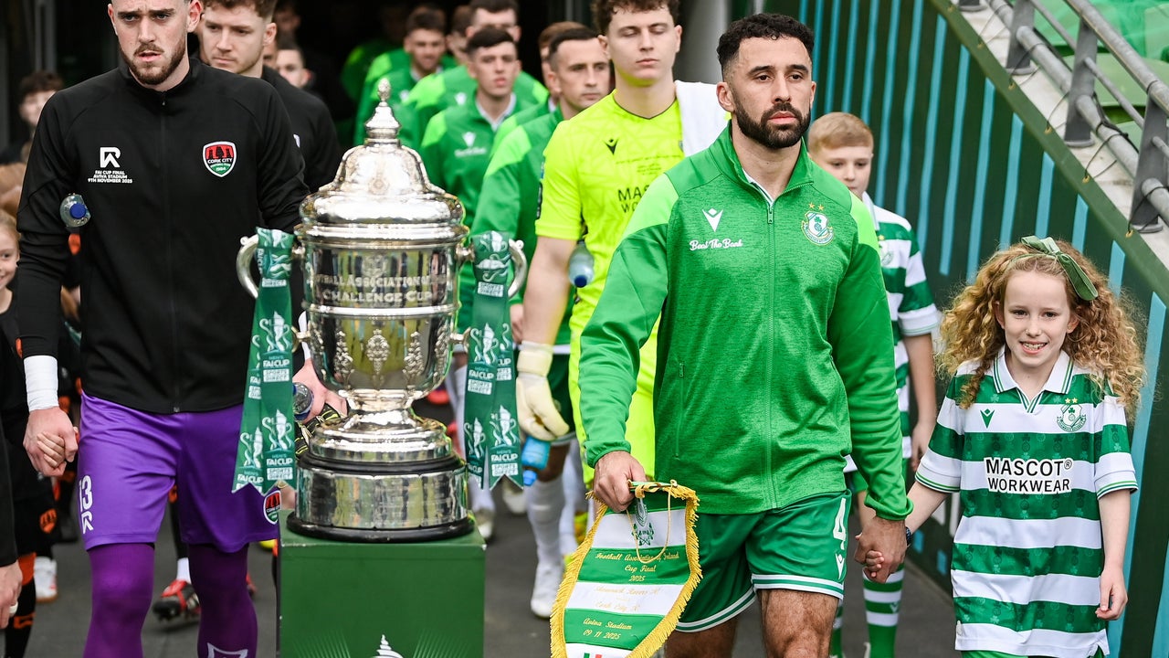 Cork City and Shamrock Rovers players walk out for the 2025 Men's FAI Cup Final