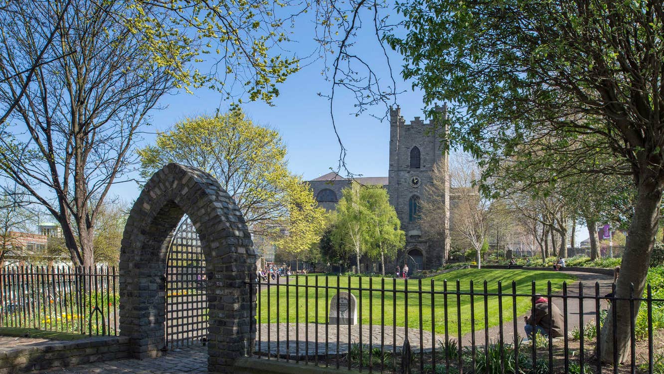 St Audoen's Church, the arch at the entrance and the park, Dublin City, County Dublin