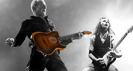 2 different images of a man playing an electric guitar.
