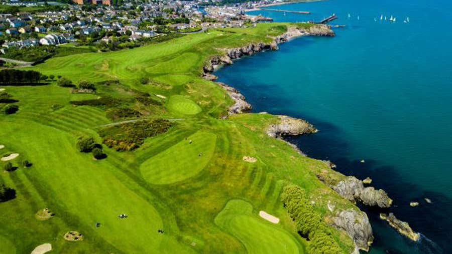 Aerial view of Wicklow Golf Course overlooking Wicklow Bay