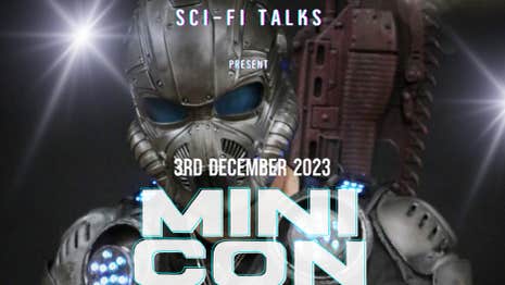 Dark background with white lights, a sci-fi figure in metal type suit including head, overlaid with white text.