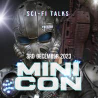 Dark background with white lights, a sci-fi figure in metal type suit including head, overlaid with white text.