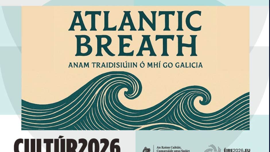 Promotional artwork for Atlantic Breath: Anam Traidisiúin ó Mhí go Galicia, featuring acclaimed Irish and Galician musicians united through music and culture.
