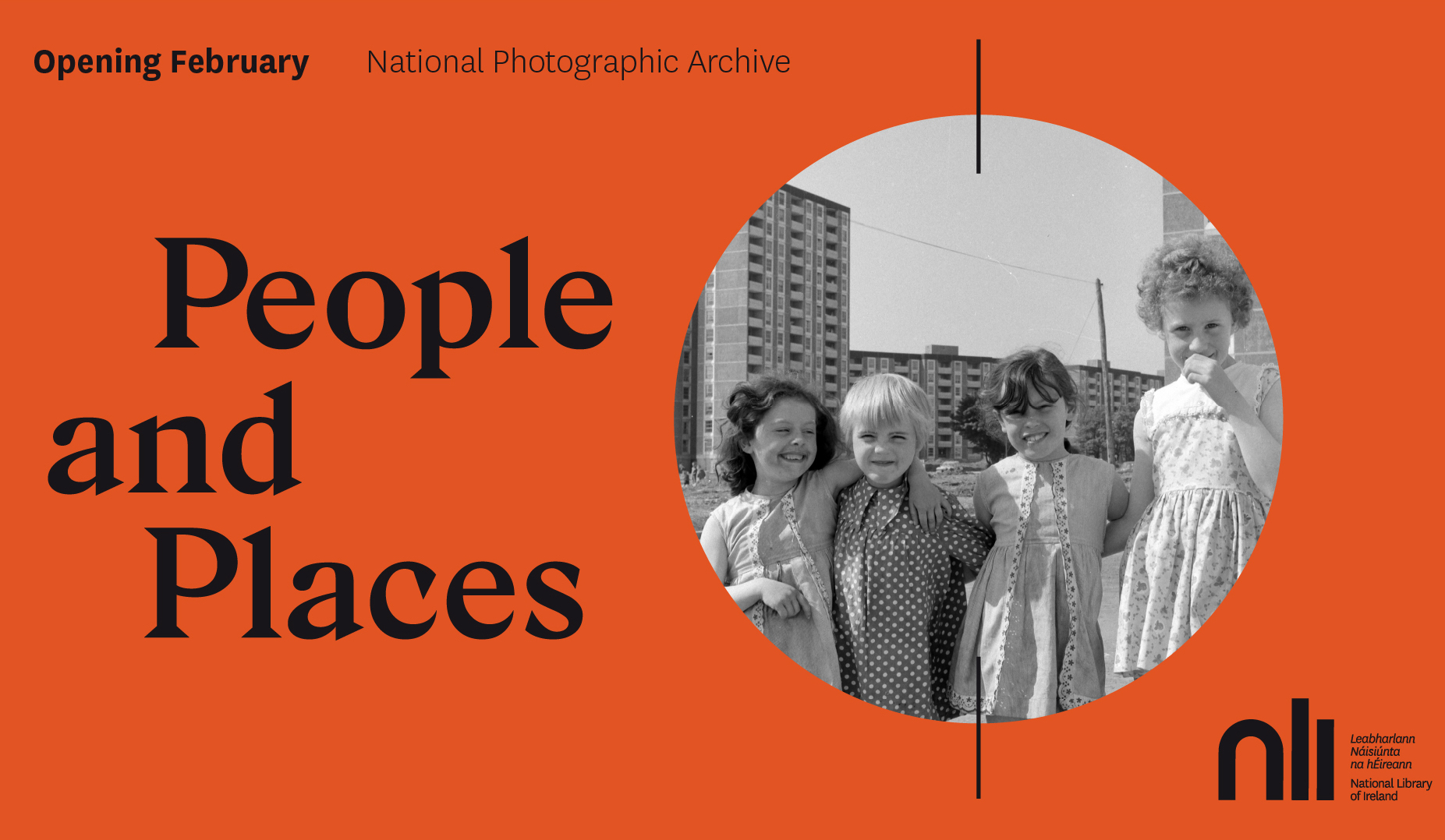 A circular black and white photo of young girls in the 1970s with tower blocks in the background.