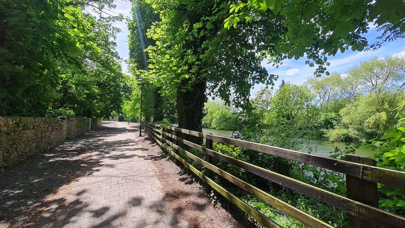 A path running along a river bank lined with a wooden fence