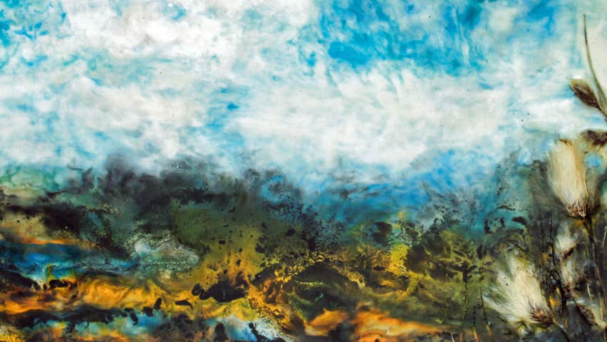 A painting of blue sky and flora around a bog