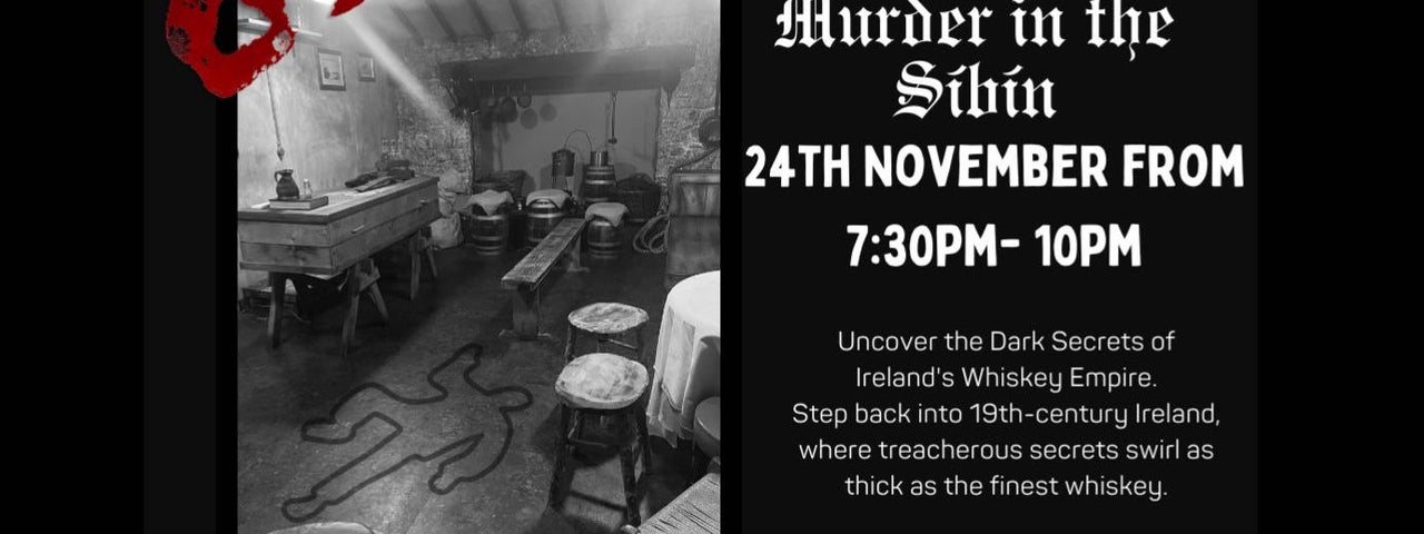 Black background with title in red, dripping blood style writing, event text in white and a black and white photo of a cellar type room with stools and tables and the dark outline of a body on the floor.