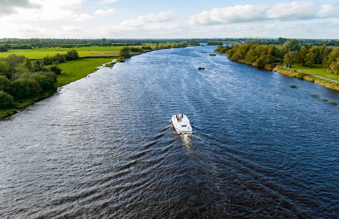 A boat cruising the River Shannon in Banagher in County Offaly.