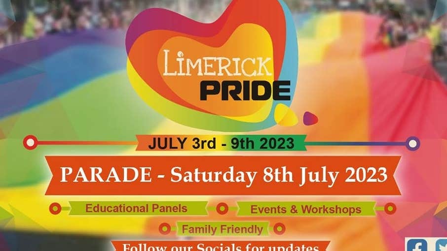 Event logo of different coloured hearts, text in white with red or multicoloured text boxes all against background of a blurred large rainbow coloured material.