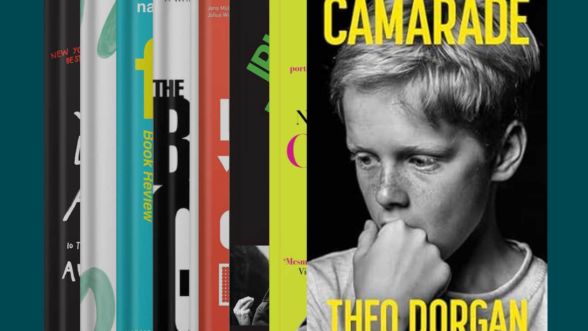 Book covers, with Camarade by Theo Dorgan at the front towards the right handside, a black and white image of a young boy with the book title in stark yellow writing