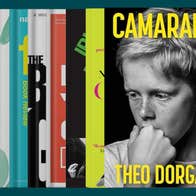 Book covers, with Camarade by Theo Dorgan at the front towards the right handside, a black and white image of a young boy with the book title in stark yellow writing