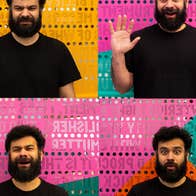 4 different photos of the same man with different facial expressions.