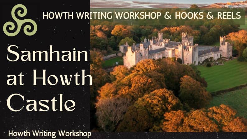Hooks and Reels Samhain poster with distant picture of a sprawling castle surrounded by autumn trees