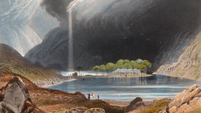 Painting of a view of a lake surrounded by rocky hills with 3 small figures at the water's edge, with buildings in the far distance and large dark sky with single shaft of light shining straight down.