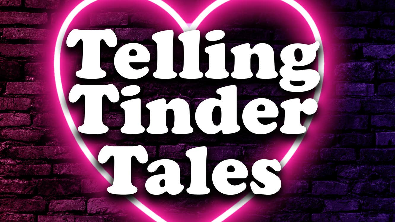 A neon glowing pink heart with white event text on dark brick wall.