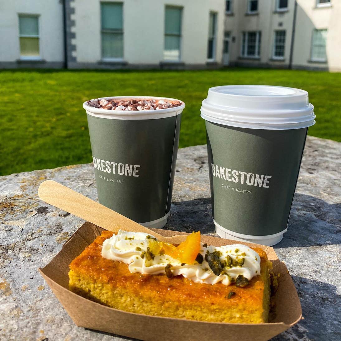 Two cups of hot chocolate and a dessert from Bakestone Café in Cork.