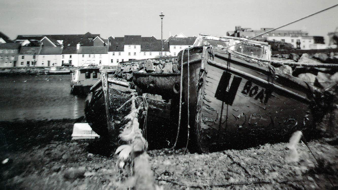 A black and white image of the Claddagh area of Galway City