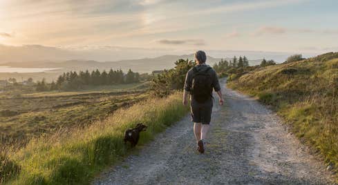 A man and his dog walking in Co. Donegal with views of trees and mountains in the distance